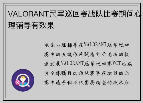 VALORANT冠军巡回赛战队比赛期间心理辅导有效果