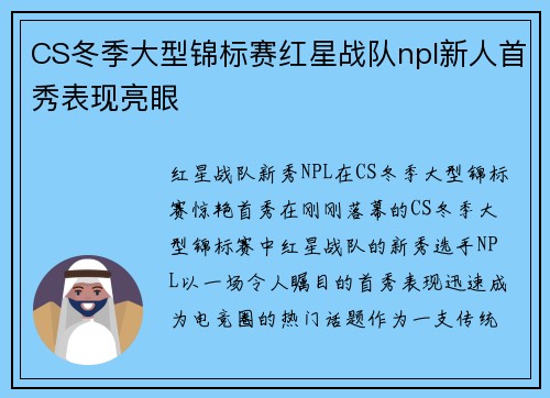 CS冬季大型锦标赛红星战队npl新人首秀表现亮眼